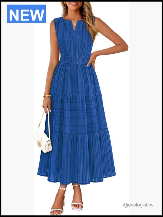 Dresses & Skirts - Womens Sleeveless V Neck Midi Maxi Dress Tiered High Waist Flowy Vacation Dress